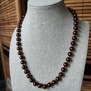 Brown Copper Color Glass Pearl Pearls Necklace Gold Tone Clasp Vintage